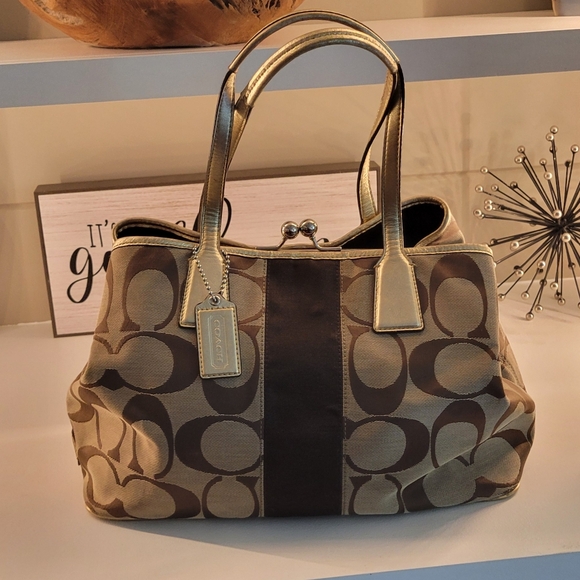 Coach Handbags - COACH Signature Kisslock Carryall Medium/Large Tote Bag Khaki, Gold & Brown